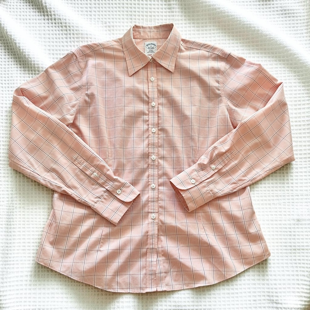 Brooks Brothers Button Up Shirt Women's 12 Peach White Plaid 100% Cotton Office